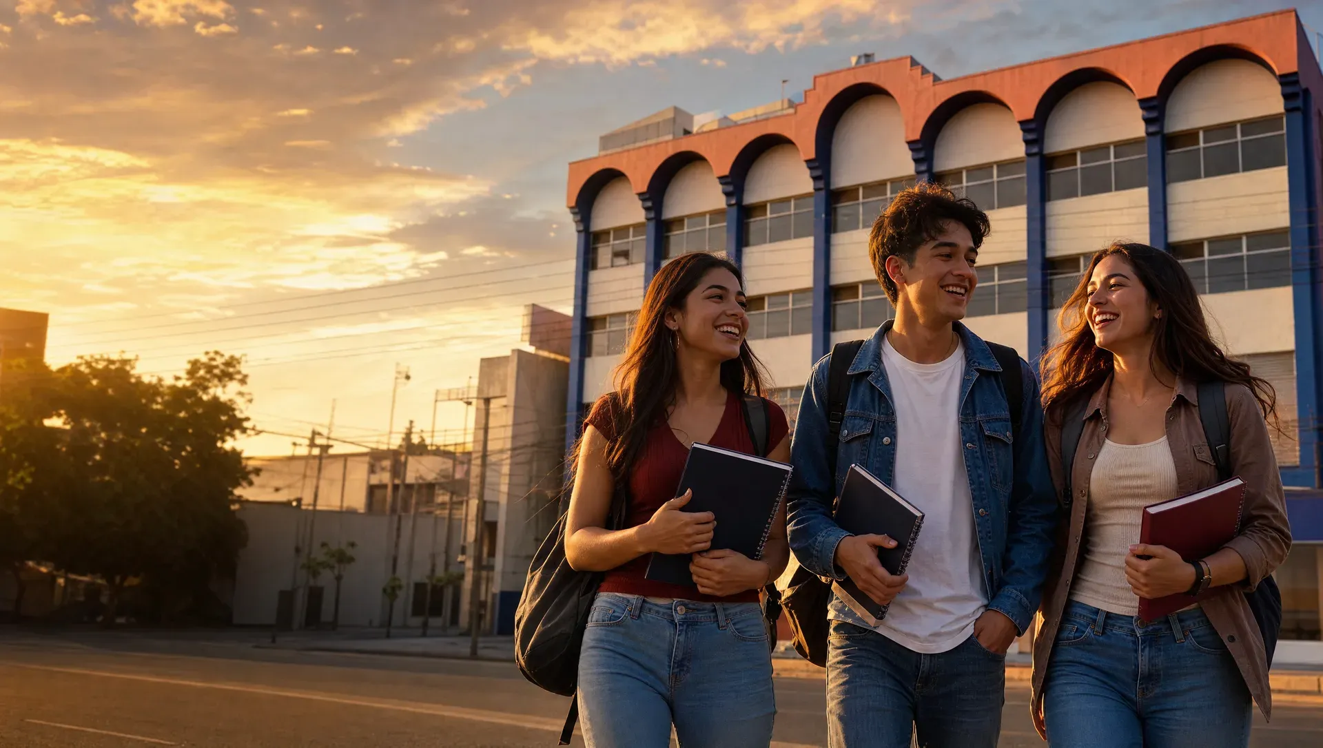 Tres estudiantes ríen caminando frente al edificio de CADE al atardecer (imagen ilustrativa)