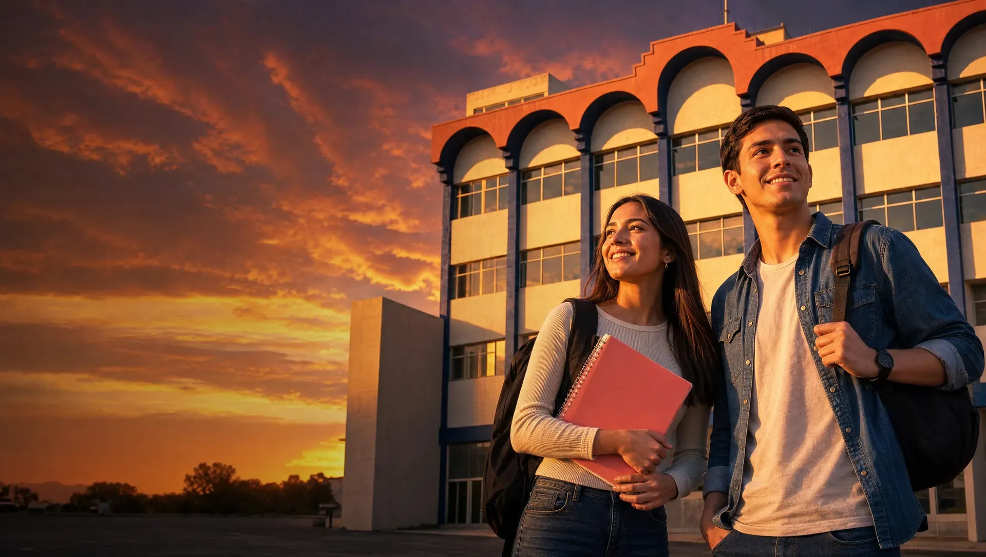 Dos estudiantes caminan bajo un cielo espectacular al atardecer frente a CADE (imagen ilustrativa)